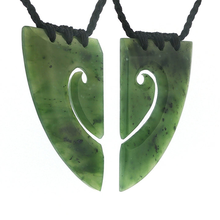 NZ pounamu greenstone shared heart pair or koru neckalces on plaited slider cord