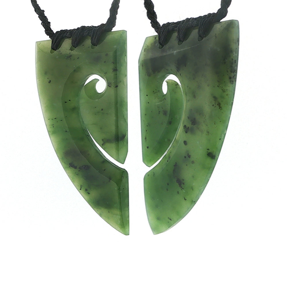 NZ pounamu greenstone shared heart pair or koru neckalces on plaited slider cord