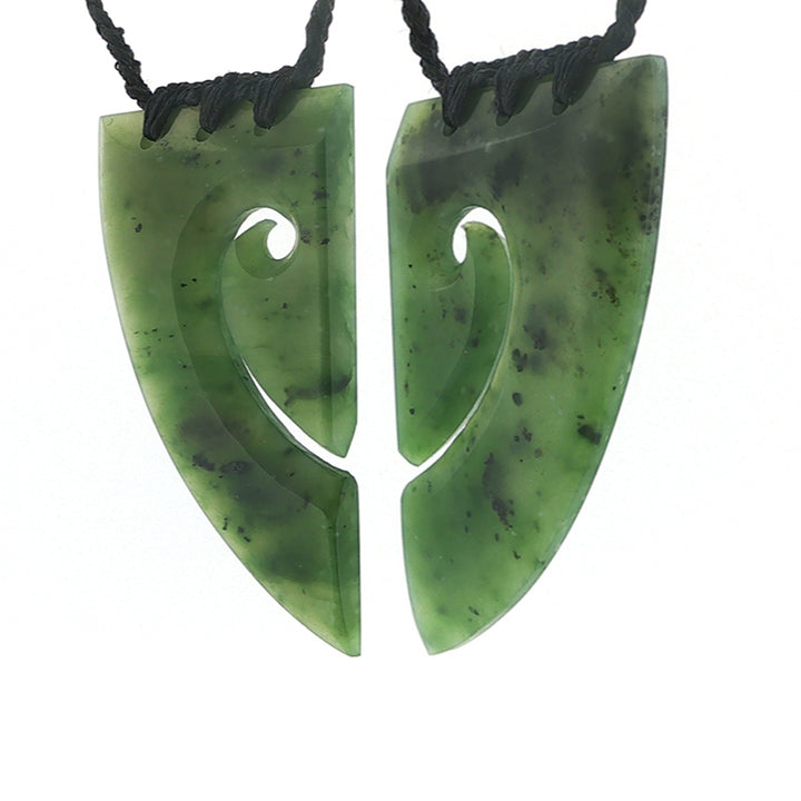 NZ pounamu greenstone shared heart pair or koru neckalces on plaited slider cord