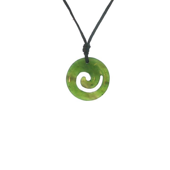 Nz pounamu greenstone koru circle pendant on slider cord 18mm
