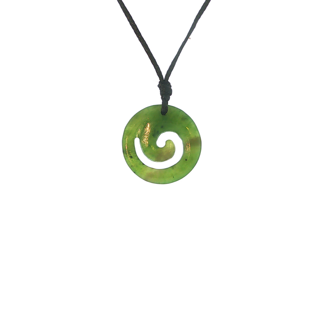 Nz pounamu greenstone koru circle pendant on slider cord 18mm
