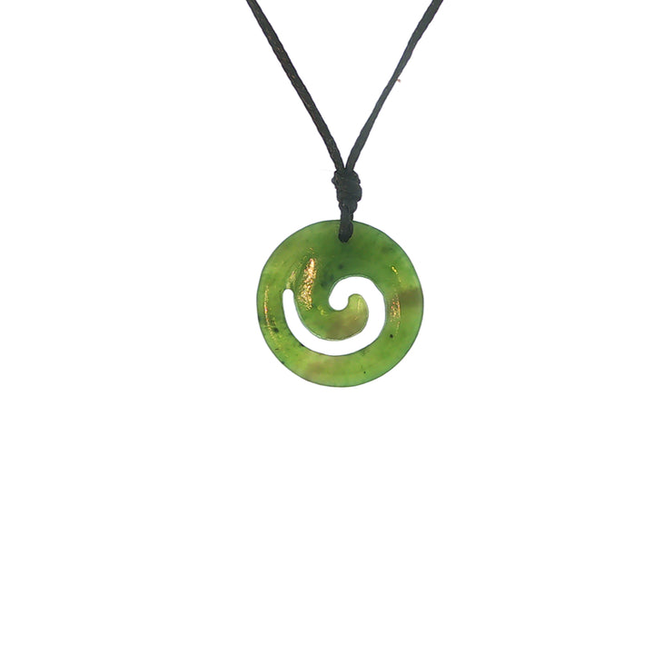 Nz pounamu greenstone koru circle pendant on slider cord 18mm