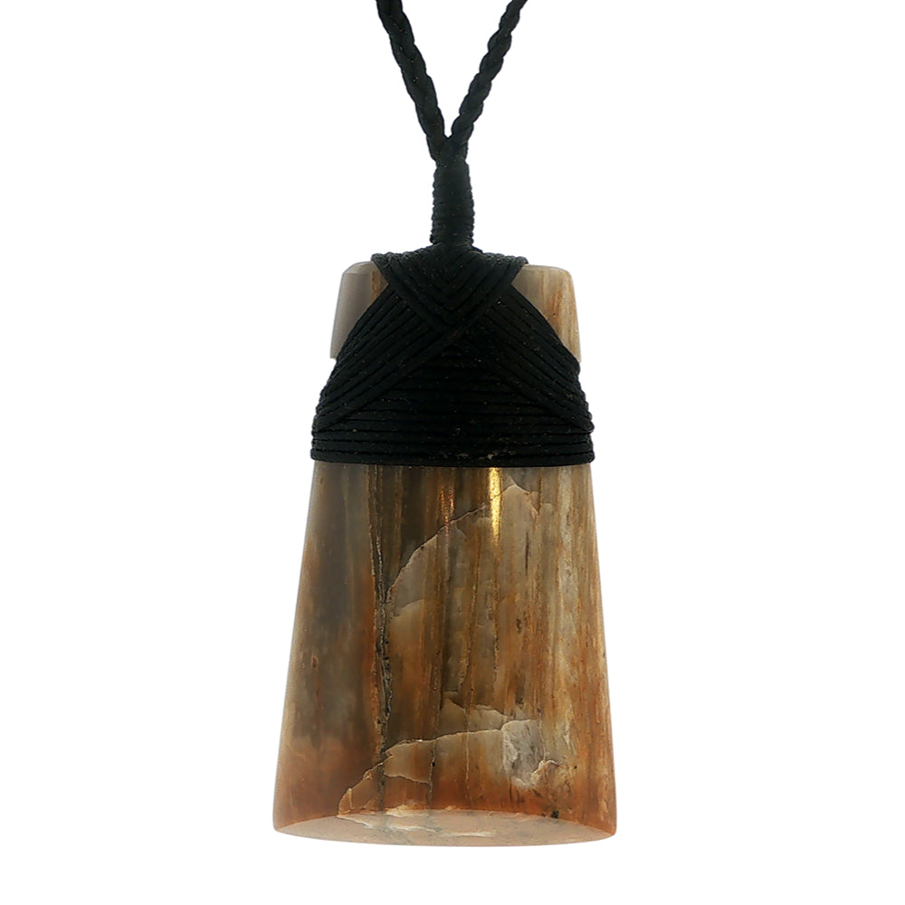 Petrified wood bound toki pendant on slider cord