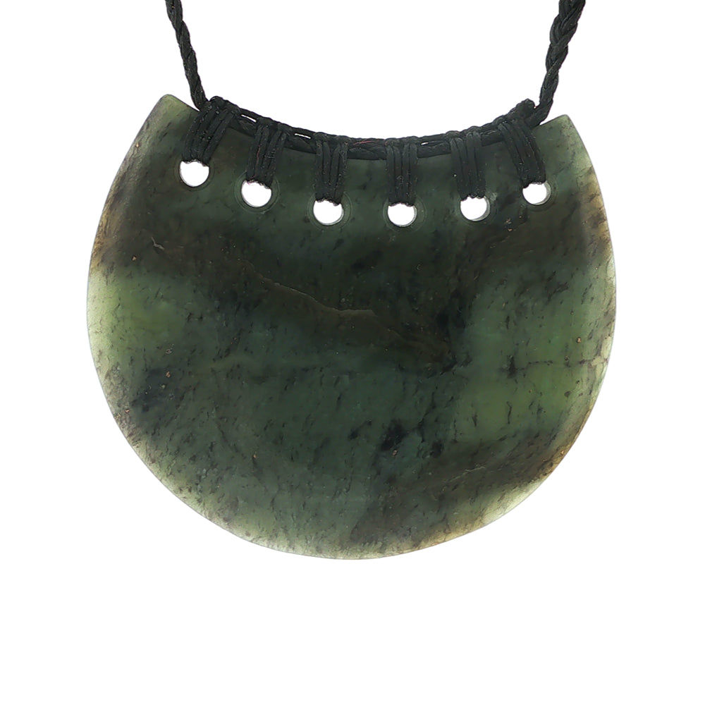 NZ pounamu greenstone semi-circular kouma or breastplate on slider cord