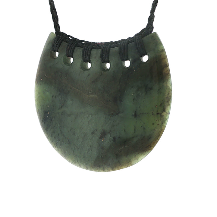 NZ pounamu greenstone semi-circular kouma or breastplate on slider cord