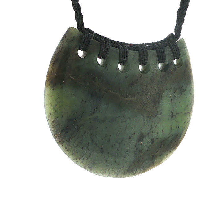 NZ pounamu greenstone semi-circular kouma or breastplate on slider cord