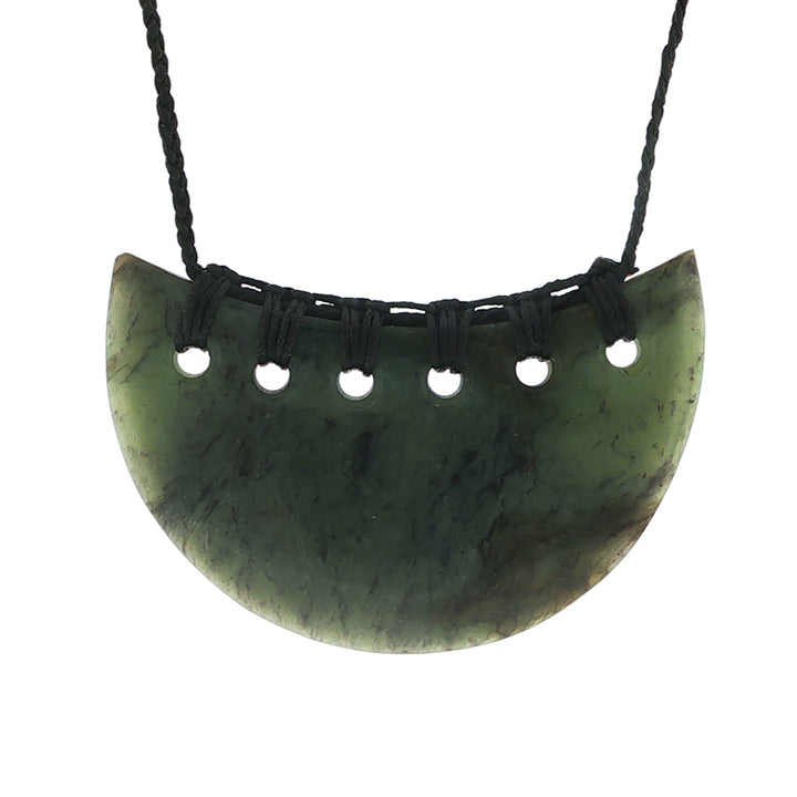 NX pounamu greenstone half circle kouma or breastplate on plaited slider cord