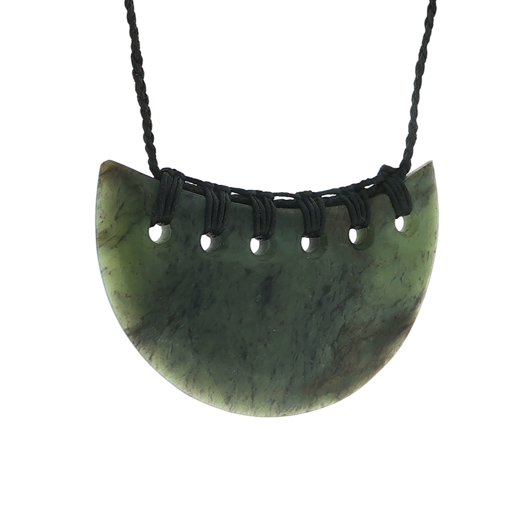 NX pounamu greenstone half circle kouma or breastplate on plaited slider cord