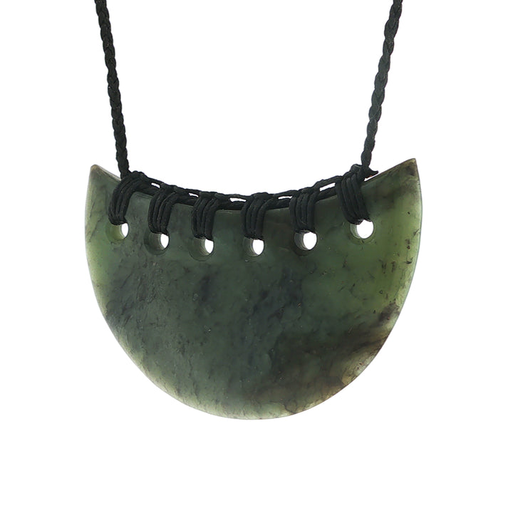 NX pounamu greenstone half circle kouma or breastplate on plaited slider cord