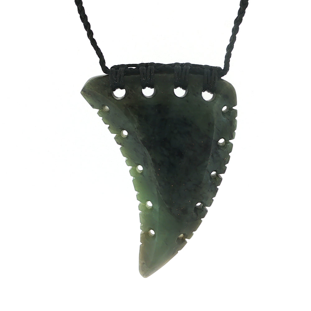 NZ pounamu greenstone notched curved rei neho or whales tooth pendant on plaited slider cord
