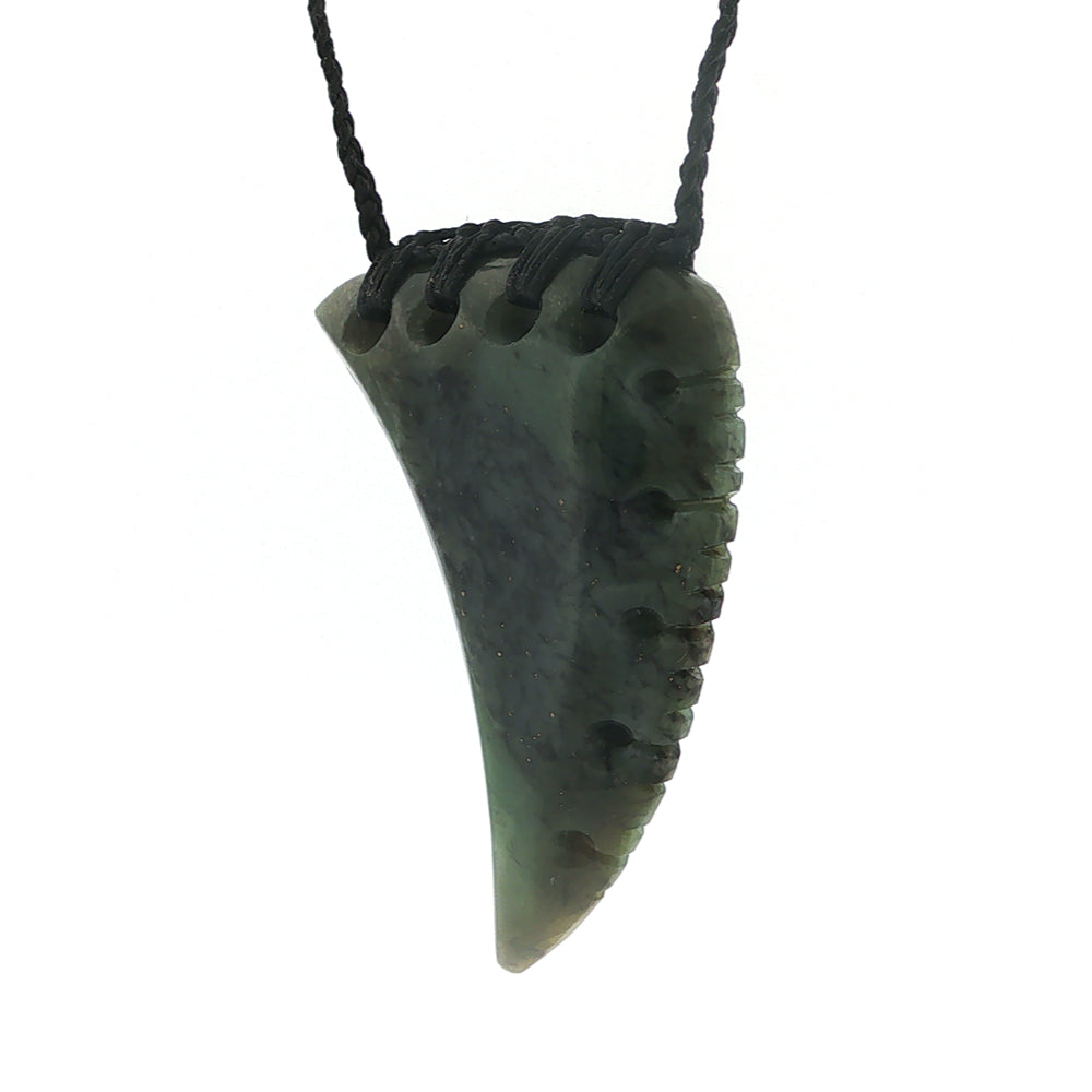 NZ pounamu greenstone notched curved rei neho or whales tooth pendant on plaited slider cord