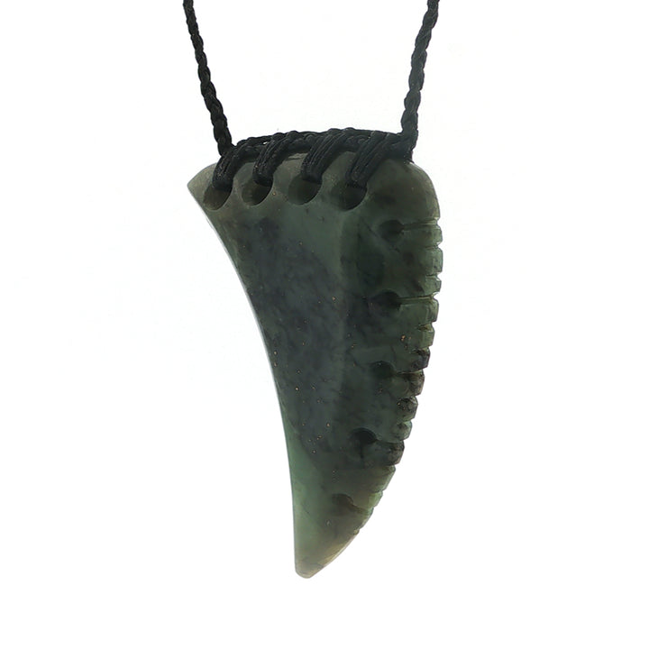 NZ pounamu greenstone notched curved rei neho or whales tooth pendant on plaited slider cord