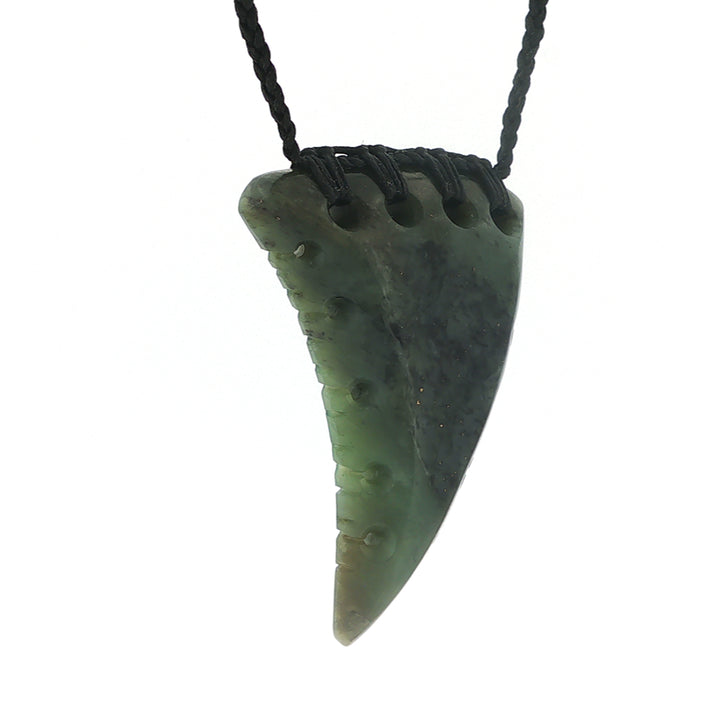 NZ pounamu greenstone notched curved rei neho or whales tooth pendant on plaited slider cord