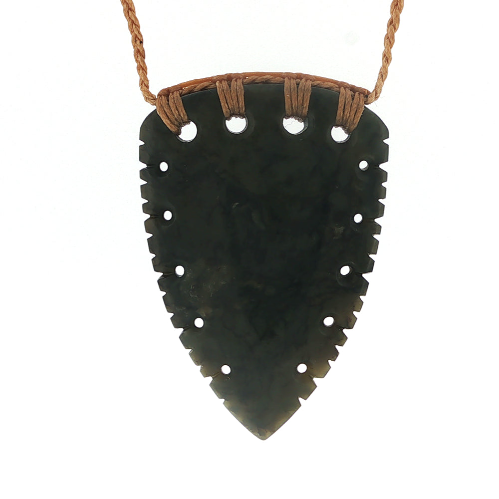 NZ pounamu greenstone notched rei niho or whales tooth pendant on plaited tan slider cord