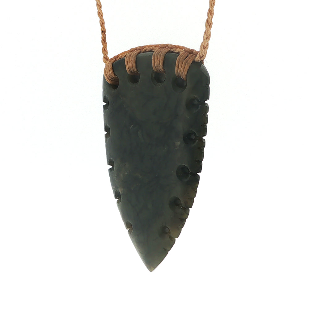 NZ pounamu greenstone notched rei niho or whales tooth pendant on plaited tan slider cord