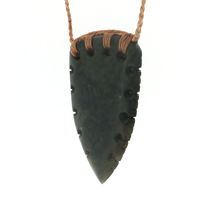NZ pounamu greenstone notched rei niho or whales tooth pendant on plaited tan slider cord