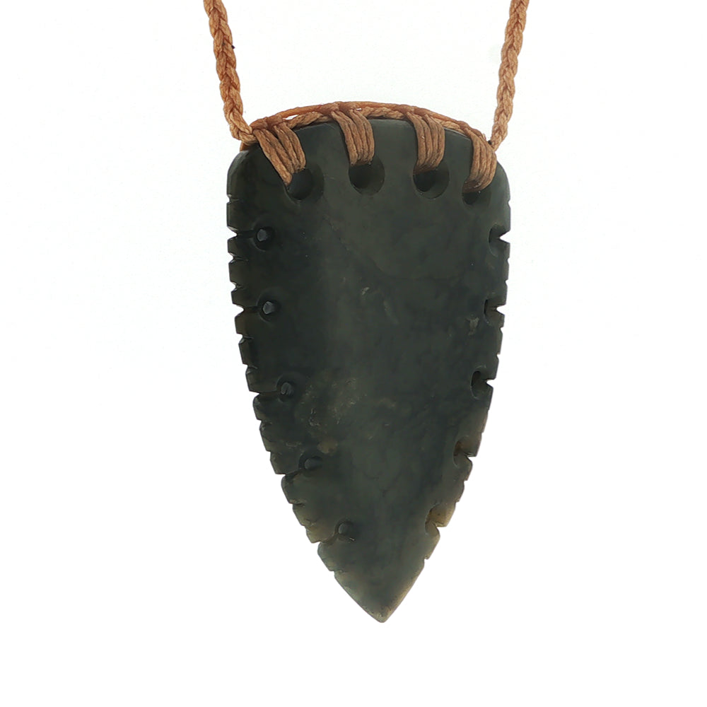 NZ pounamu greenstone notched rei niho or whales tooth pendant on plaited tan slider cord