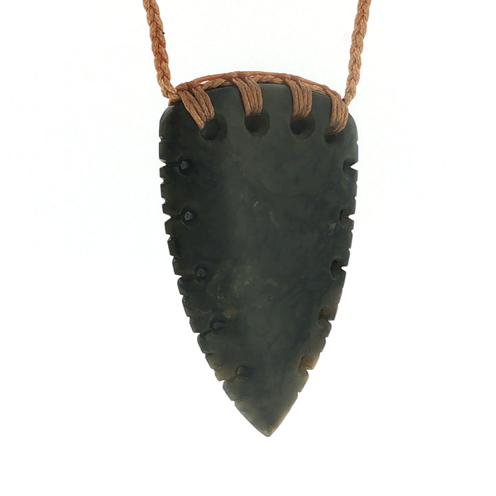 NZ pounamu greenstone notched rei niho or whales tooth pendant on plaited tan slider cord