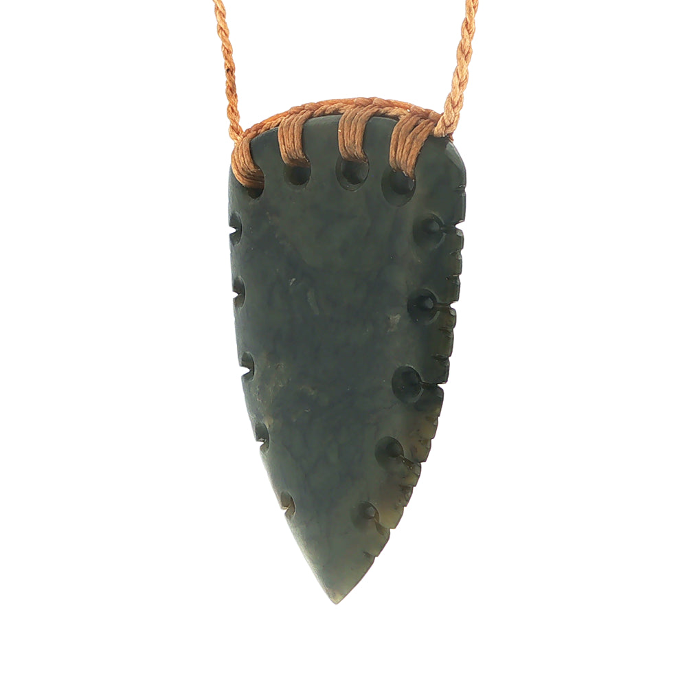 NZ pounamu greenstone notched rei niho or whales tooth pendant on plaited tan slider cord