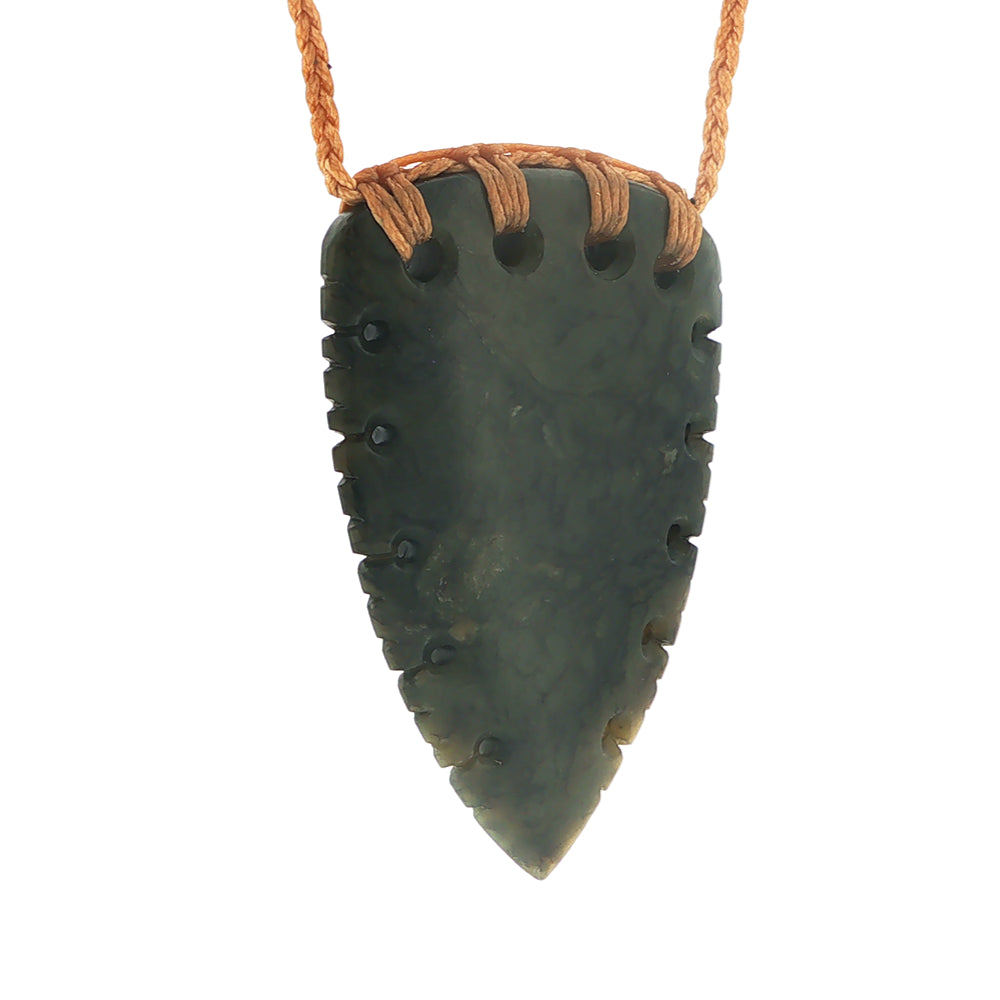 NZ pounamu greenstone notched rei niho or whales tooth pendant on plaited tan slider cord