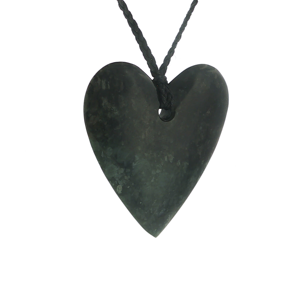 NZ pounamu greenstone manawa or heart pendant on plaited slider cord