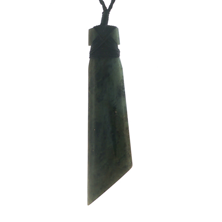 NZ pounamu greenstone bound toki on plaited slider cord