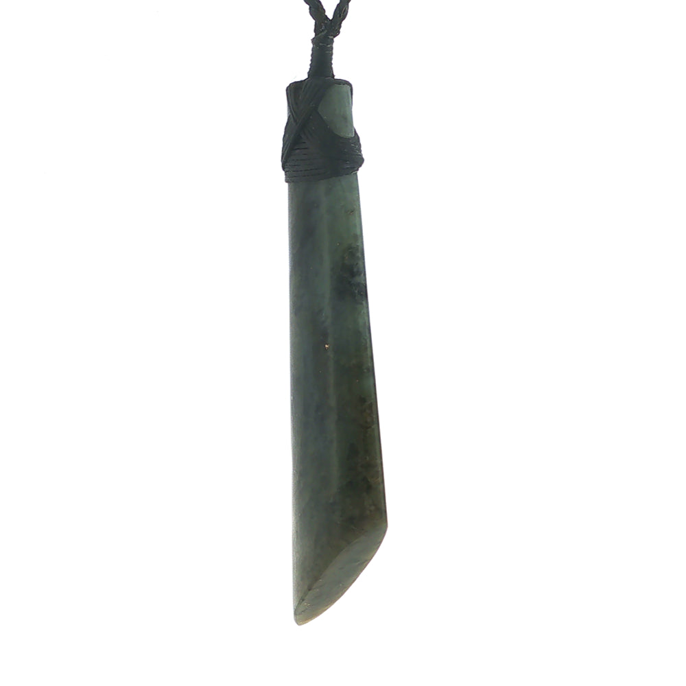 NZ pounamu greenstone bound toki on plaited slider cord