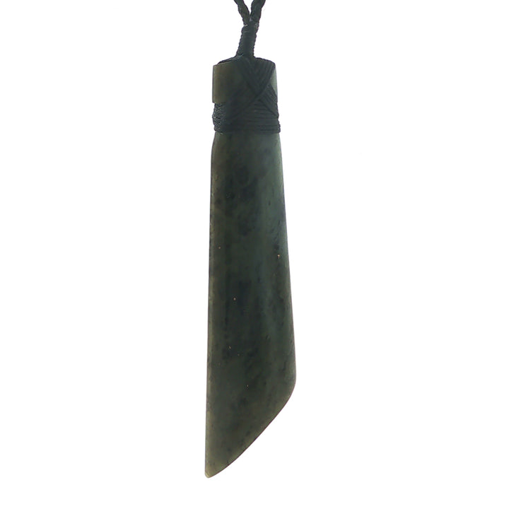 NZ pounamu greenstone bound toki on plaited slider cord