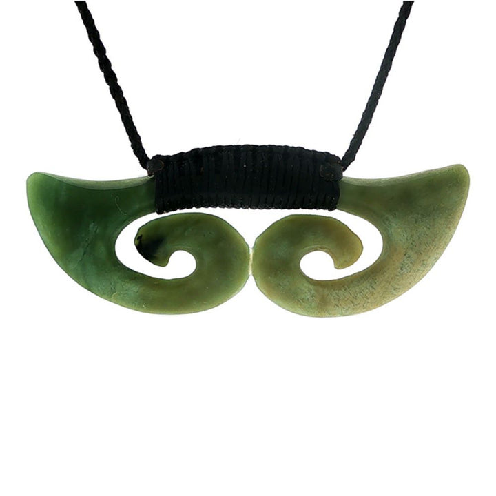 NZ greenstone pounamu bound double koru breastplate on slider cord
