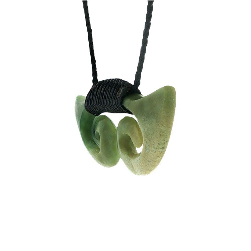 NZ greenstone pounamu bound double koru breastplate on slider cord