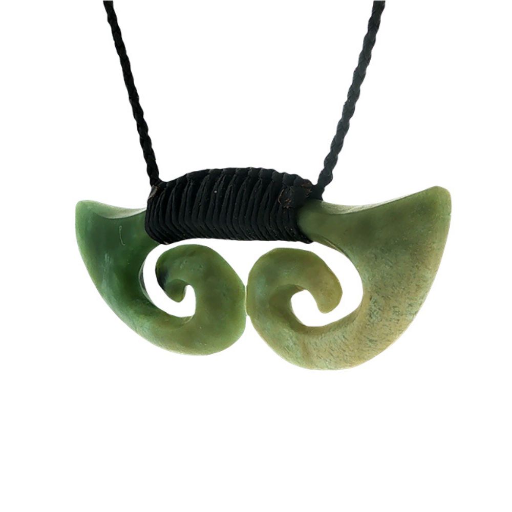NZ greenstone pounamu bound double koru breastplate on slider cord