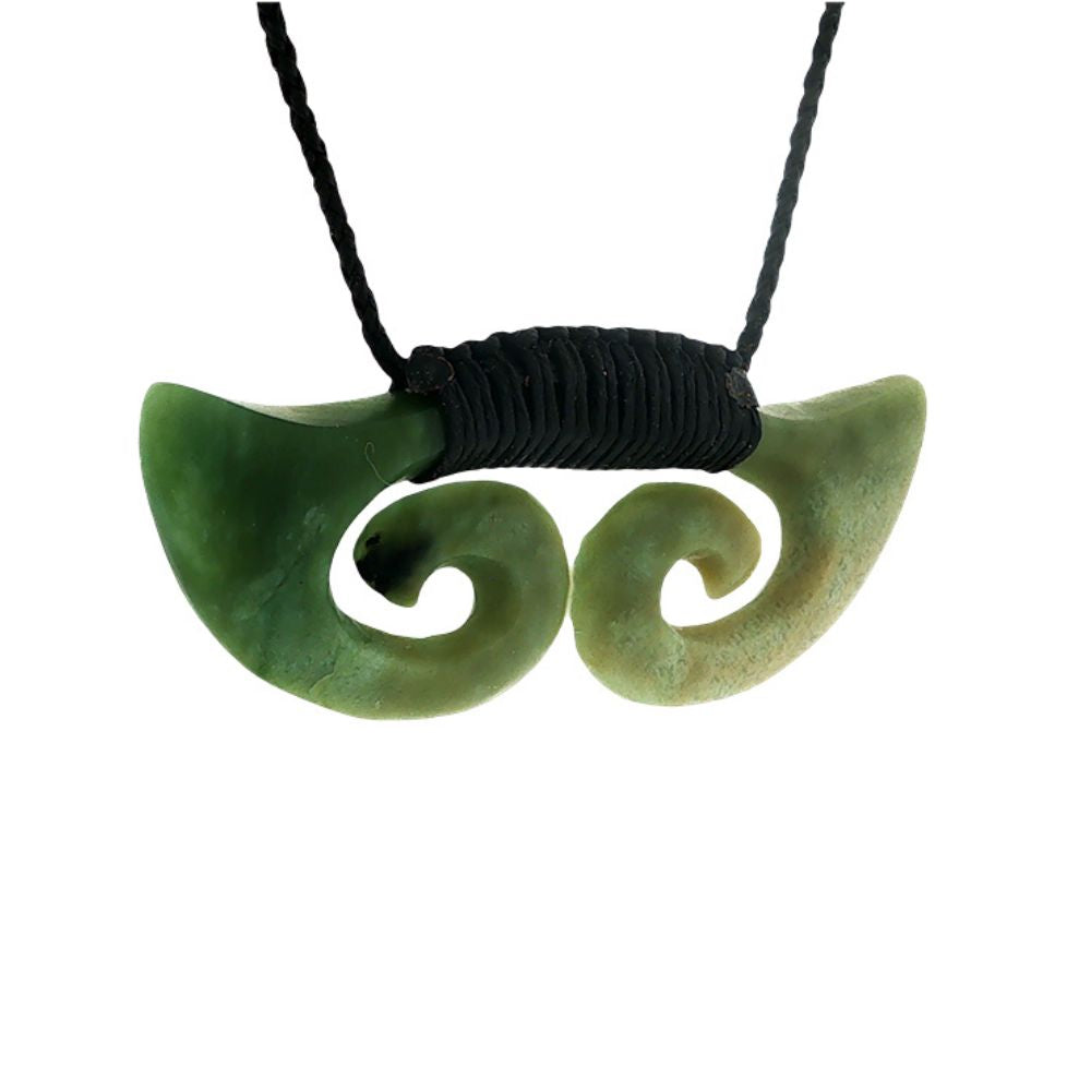 NZ greenstone pounamu bound double koru breastplate on slider cord