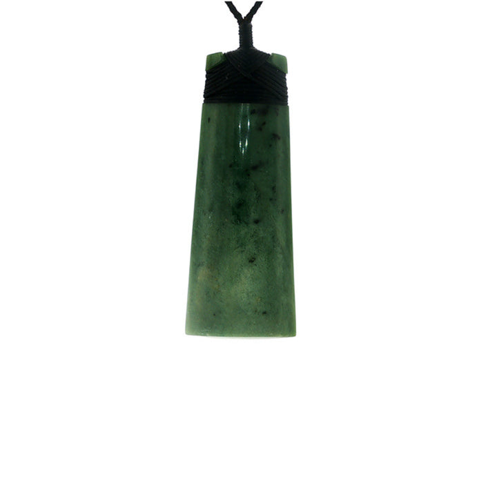 NZ greenstone pounamu bound toki on plaited slider cord