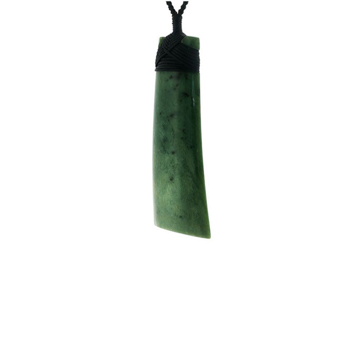 NZ greenstone pounamu bound toki on plaited slider cord