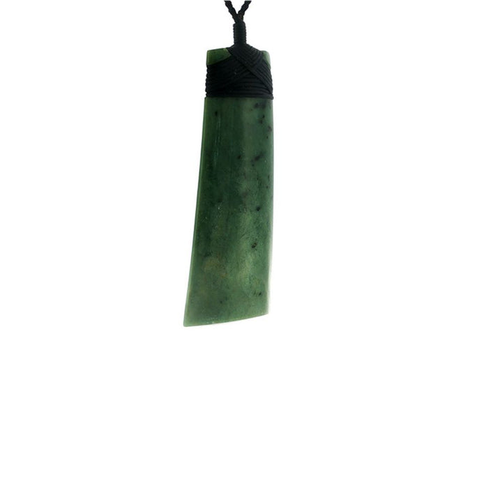 NZ greenstone pounamu bound toki on plaited slider cord
