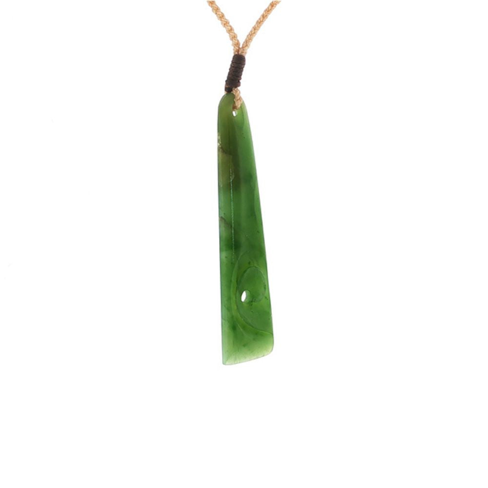 NZ greenstone pounamu roimata drop with koru cutout on slider cord