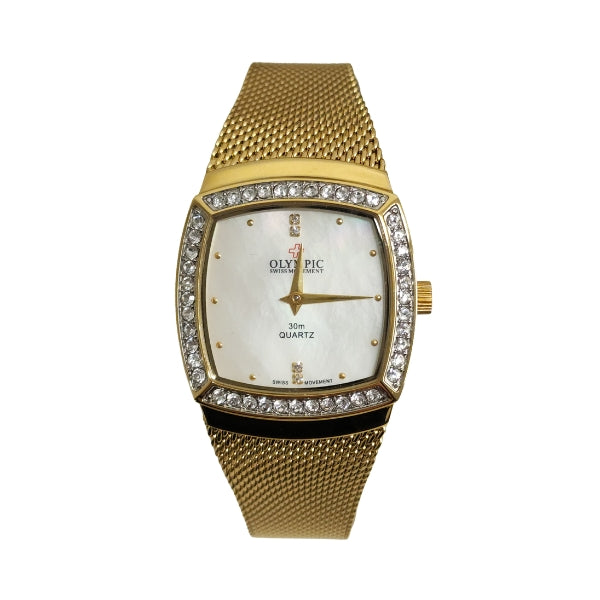 Olympic women's quartz square shaped stone set watch with mesh strap in gold plated stainless steel