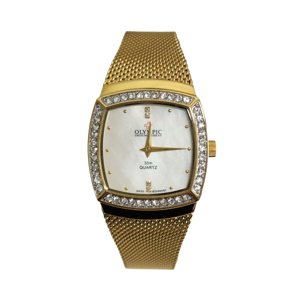 Gold plated stainless steel ladies watch with TV shaped crystal set dial on mesh strap