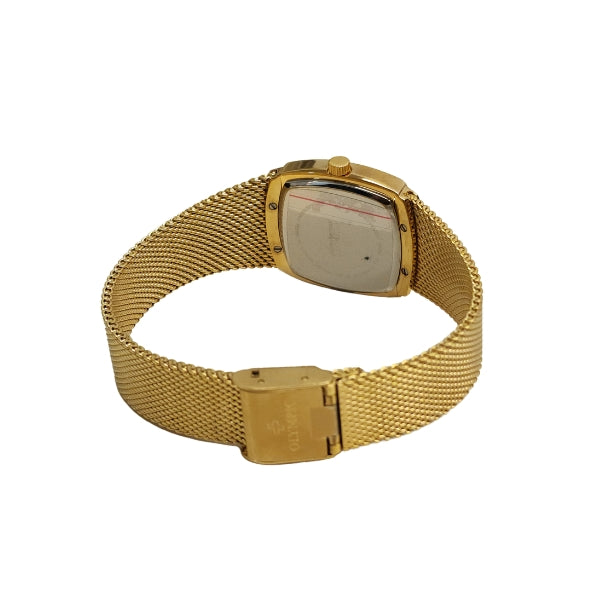 Olympic women's quartz square shaped stone set watch with mesh strap in gold plated stainless steel