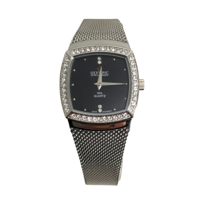 Olympic women's quartz square shaped stone set watch with mesh strap in stainless steel