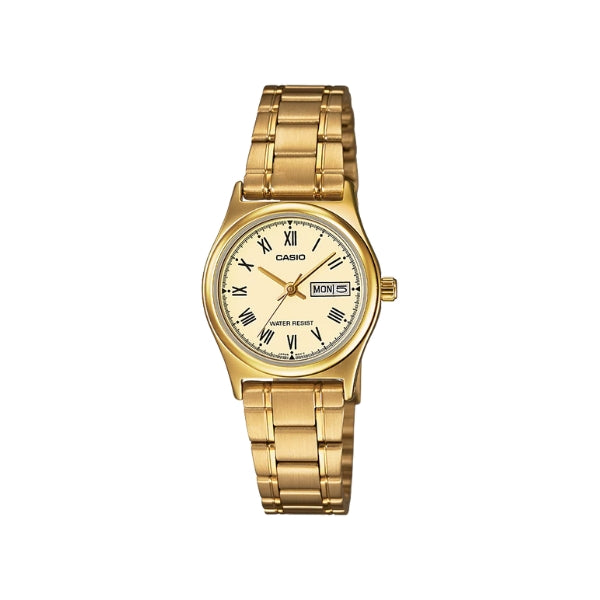 Womens gold tone analogue watch with day and date