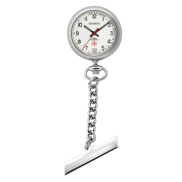 Olympic quartz nurses watch with date & pulse meter dial in silver tone