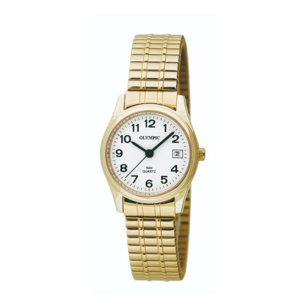 Olympic women's quartz dress watch with expander band in gold tone