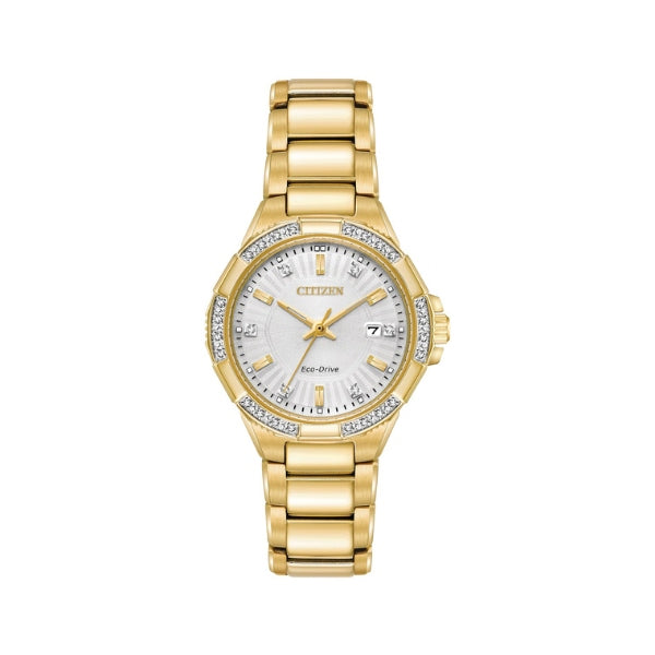 Citizen women's solar powered diamond set watch in gold tone with date