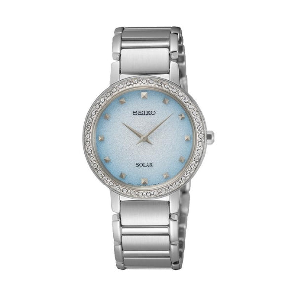 Seiko women's solar crystal set dress watch with blue dial