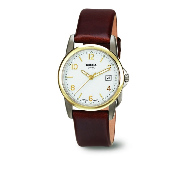 Boccia women's titanium quartz watch in gold tone and brown leather