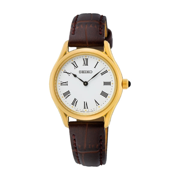 Seiko women's quartz dress watch in gold tone and brown leather