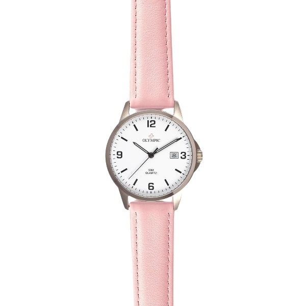 Olympic women's titanium quartz watch with white dial and pink leather strap