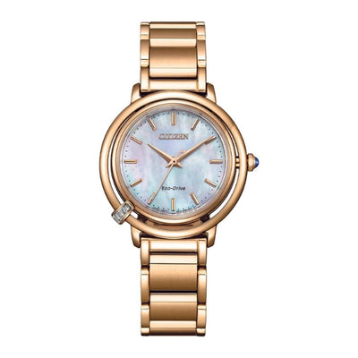 Citizen women's solar powered diamond set analogue watch with MOP dial in rose gold tone