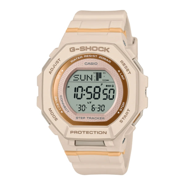 Casio women's g-squad mid size digital watch with step count function and mobile link in matt pink